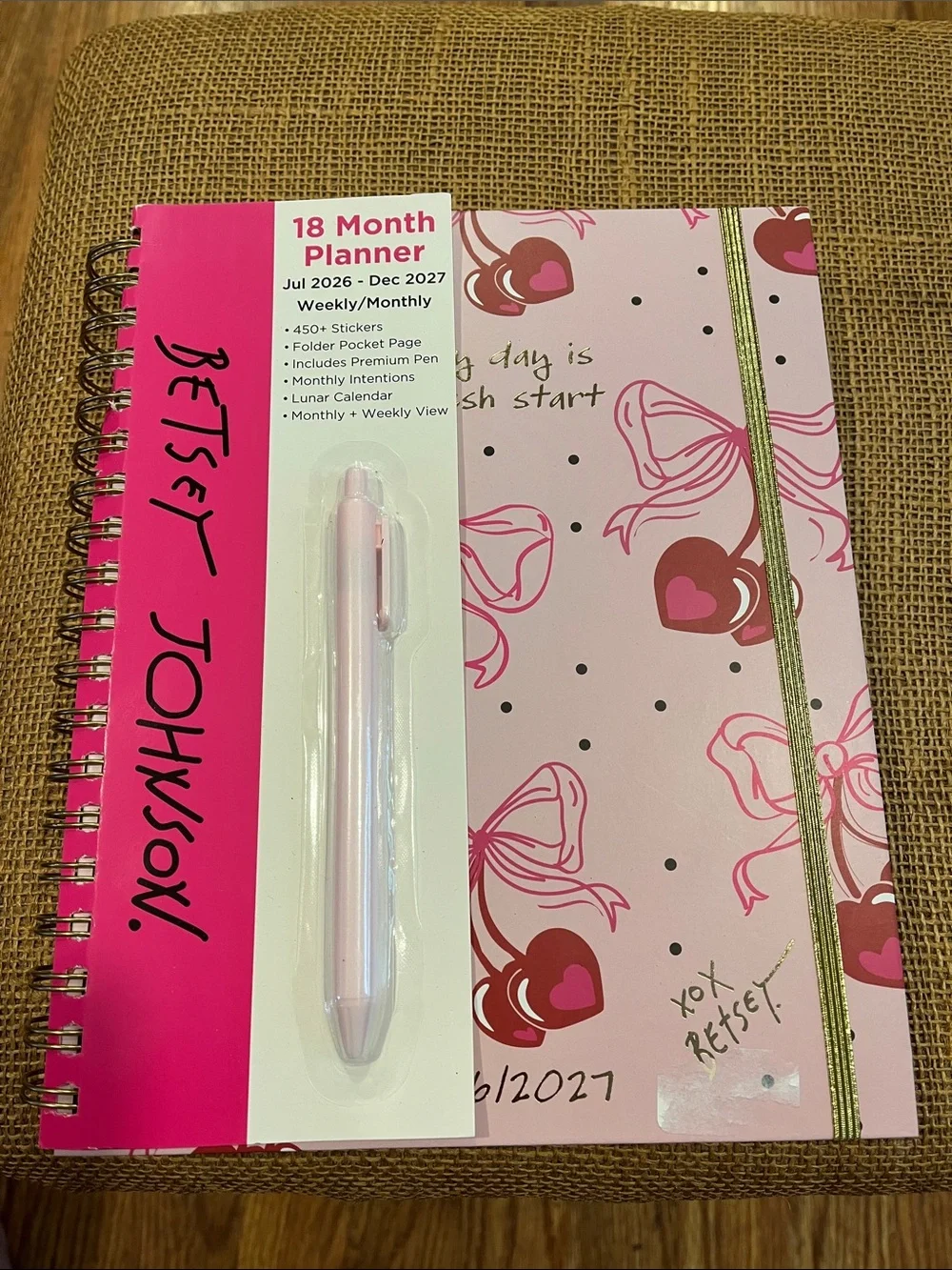 Betsey Johnson Pink and Hot Pink Heart & Bow Spiral Planner with Gold Elastic